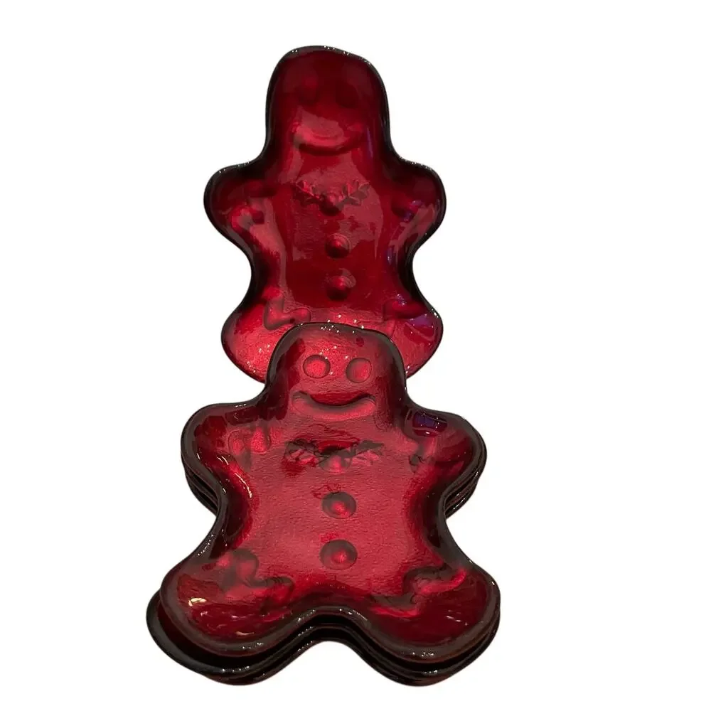 Akcam CHRISTMAS Gingerbread Man Glass Appetizer Plates Holiday Red Set of 4 New